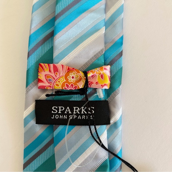 JOHN SPARKS MULTICOLORED STRIPED NECKTIE, POCKET SQUARE AND TIE CHAIN NWT - Picture 12 of 14